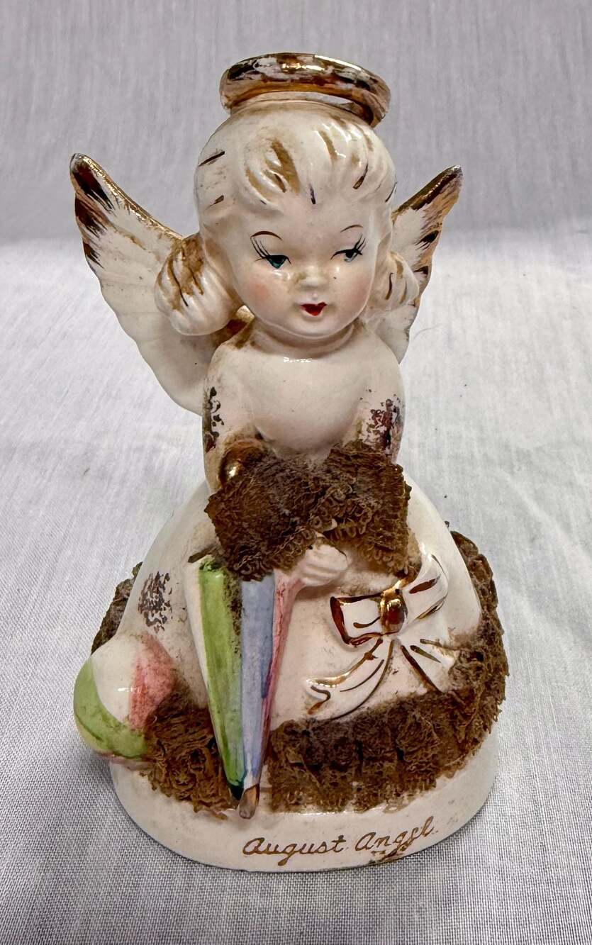 Vintage ART Japan August Birthday Angel Figurine with Spaghetti Lace, Umbrella,
